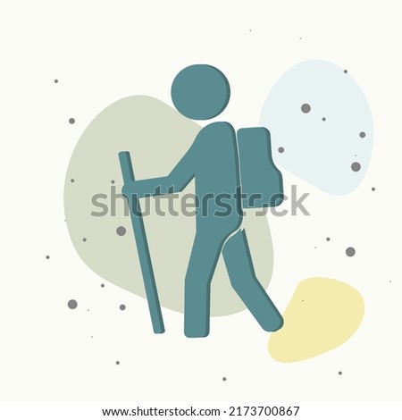 Vector Icon man engaged in hiking on multicolored background. Layers grouped for easy editing illustration. For your design.