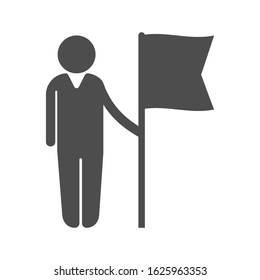 Vector icon of a man with a flag. A flat silhouette is isolated on a white background for websites, apps, and theme design of achievement, victory, or success. 