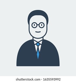 Vector icon of a man in a glasses wearing a suit with a tie. It represents government employees and professional worker