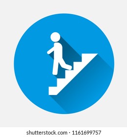 Vector icon of a man goes down the stairs on blue background. Flat image, career ladder with long shadow. Layers grouped for easy editing illustration. For your design.