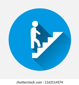 Vector icon of a man goes up the stairs  on blue background. Flat image  career ladder with long shadow. Layers grouped for easy editing illustration. For your design.