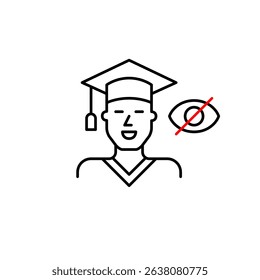 Vector icon of man in graduation cap with crossed-out eye, symbolizing private achievement, hidden education, or confidential credentials. Ideal for education apps, professional profiles, and privacy 