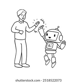 Icono de Vector para hombre de alto-fiving un lindo robot de IA. Una figura humana y un robot de inteligencia artificial comparten un choco en una ilustración en blanco y negro, dibujada a mano y con líneas limpias, que representa un zumbido amigable