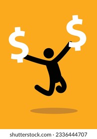 A vector icon of a man jumping in yhe air eith dollar symbols - A financial windfall money success