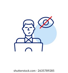 Vector icon of man at laptop with crossed-out eye, symbolizing hidden activity, private browsing, or invisible user status. Ideal for privacy apps, remote work tools, and secure interfaces