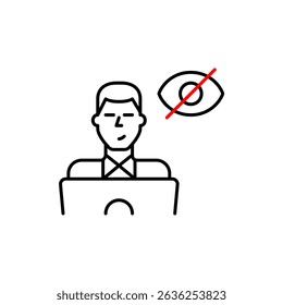 Vector icon of man at laptop with crossed-out eye, symbolizing hidden activity, private browsing, or invisible user status. Ideal for privacy apps, remote work tools, and secure interfaces