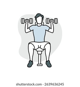 Vector icon of a man lifting dumbbells while seated, representing strength training, fitness, and gym workouts. Ideal for health, wellness, and bodybuilding applications or media