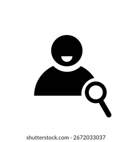 Vector icon of a man with a magnifying glass, representing searching, investigation, discovery, or analysis. Perfect for apps, websites, business, research, and digital interface design.