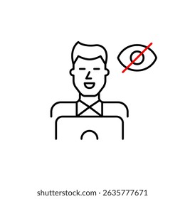 Vector icon of man in office clothes using laptop with crossed-out eye, symbolizing hidden activity, private work, or invisible online presence. Ideal for business apps, remote work tools, and privacy