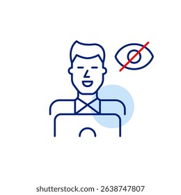 Vector icon of man in office clothes using laptop with crossed-out eye, symbolizing hidden activity, private work, or invisible online presence. Ideal for business apps, remote work tools, and privacy