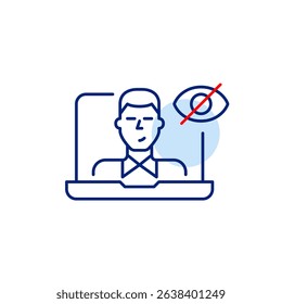 Vector icon of man on laptop screen with crossed-out eye, symbolizing hidden video call, private meeting, or invisible online presence. Ideal for remote work apps, communication tools, and privacy