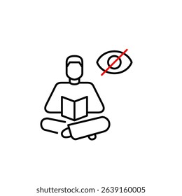 Vector icon of man reading book with crossed-out eye, symbolizing private study, hidden knowledge, or confidential learning. Ideal for education apps, privacy settings, and reading platforms