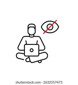 Vector icon of man sitting with legs crossed working at laptop with crossed-out eye, symbolizing private work, hidden activity, or invisible online presence. Ideal for remote work apps, privacy settin