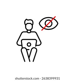 Vector icon of man sitting and working at laptop with crossed-out eye, symbolizing private work, hidden activity, or invisible online presence. Ideal for productivity apps, remote work tools, and priv