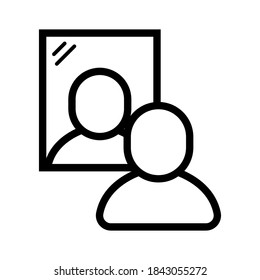 Vector icon of Man standing in front of mirror or window icon, man looking in mirror symbol on isolated white background for UI/UX and website.