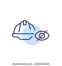 Vector icon of man wearing hard hat with crossed-out eye, symbolizing restricted access, hidden safety status, or confidential construction info. Ideal for industrial apps, safety platforms, and priva