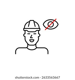 Vector icon of man wearing hard hat with crossed-out eye, symbolizing restricted access, hidden safety status, or confidential construction info. Ideal for industrial apps, safety platforms, and priva