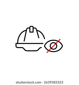 Vector icon of man wearing hard hat with crossed-out eye, symbolizing restricted access, hidden safety status, or confidential construction info. Ideal for industrial apps, safety platforms, and priva