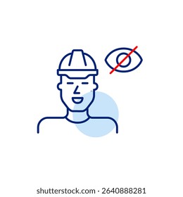 Vector icon of man wearing hard hat with crossed-out eye, symbolizing restricted access, hidden safety status, or confidential construction info. Ideal for industrial apps, safety platforms, and setti