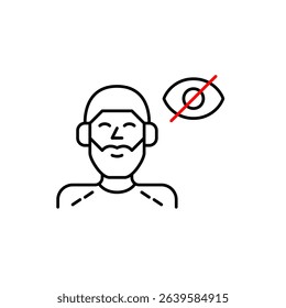 Vector icon of man wearing headphones with crossed-out eye, symbolizing private listening, hidden audio, or invisible sound mode. Ideal for music apps, privacy settings, and audio platforms