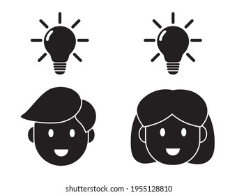 Vector icon of a man and woman  having an idea. Iconic male and female characters faces and a glowing idea light bulb above them Flat icons vector cartoon illustrations isolated on white background