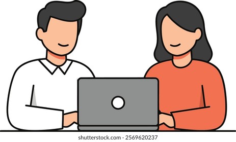 Vector icon of a man and woman sitting at a table with a laptop in an office with a transparent background.