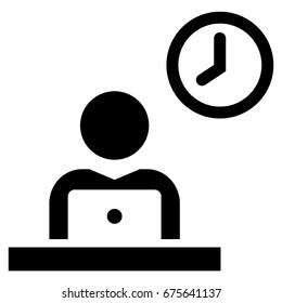 Vector icon of man working on laptop sitting at table under clock