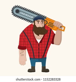 Vector icon of a man-lumberjack. Image Bearded woodcutter with a chainsaw in his hand and a checkered shirt. Illustration lumberjack in flat style
