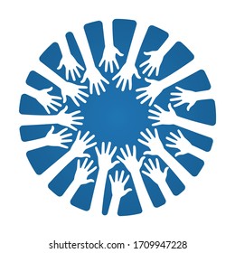  Icono del vector. Muchas manos en círculo azul. Aislado sobre fondo blanco.
