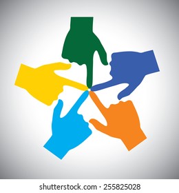 vector icon of many hands touching each other - concept of unity. This also represents concepts like community, social network, support, solidarity, partnership, friendship, cooperation, connection