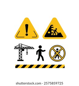 Vector icon of many road signs on a yellow boards for showing something is constrcution on road.