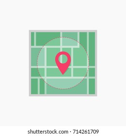 Vector icon. Map of the city. Point on the map. Pin and the distance, GPS navigator . Flat style