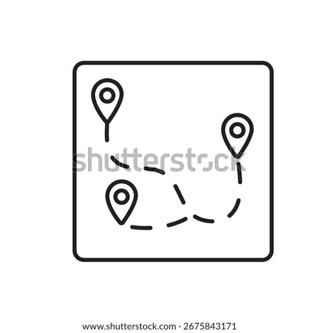 A vector icon of a map with a curved route and multiple pins, representing extended delivery paths, created in line style with editable stroke