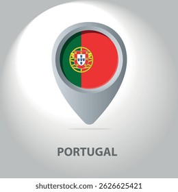 Vector icon of a map pin featuring the national flag of Portugal. Red and green flag with the coat of arms inside a location pointer on a white gradient background.