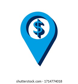 Icono de ubicación del marcador del vector Dollar
isométrico. Signo 3d aislado en fondo blanco.