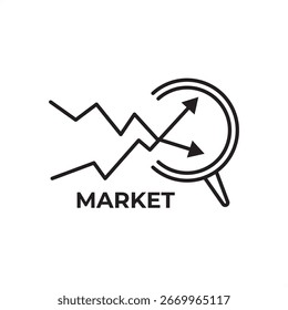 Ícone de vetor da tendência de mercado com setas e lupa, simbolizando análise de ações, crescimento econômico, movimento de preços, previsão, direção do investimento e visão do mercado financeiro.