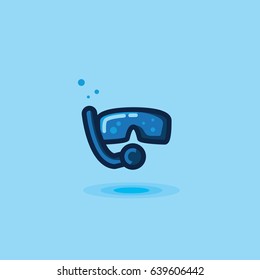 Vector icon mask and snorkel tube. Illustration underwater mask and a diving tube flat on blue background