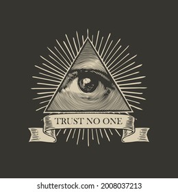 Vector Icon the Masonic symbol All  seeing eye God  The eye Providence in triangle pyramid   the inscription Trust no one black background  Banner and eye God sign in retro style