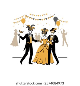 Vector icon Masquerade ball with dancing couples on a white background