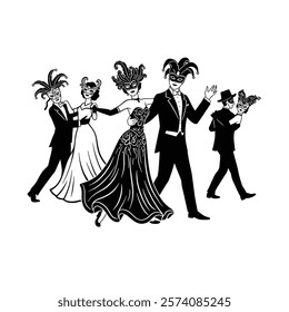 Vector icon Masquerade ball with dancing couples