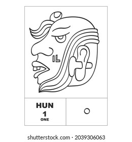 Vector icon with Mayan numerals. Mayan head glyph Hun and maya symbol number one