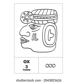 Vector icon with Mayan numerals. Mayan head glyph Ox and maya symbol number three