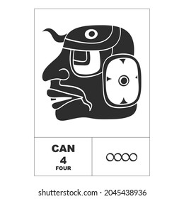 Icono vector con números mayas. Glifo de cabeza maya Can y símbolo maya número cuatro