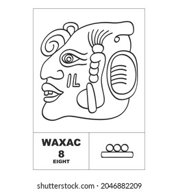 Icono vector con números mayas. Glifo de cabeza maya Waxac y símbolo maya número ocho