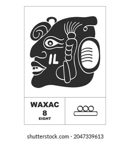 Vektorsymbol mit Maya-Zahlen. Maya-Kopfglyph Waxac und Maya-Symbol Nummer acht