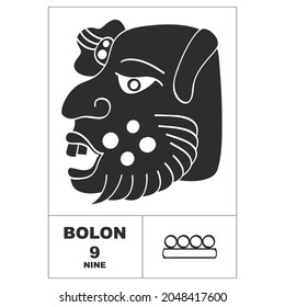 Icono vector con números mayas. Glifo de cabeza maya Bolon y símbolo maya número nueve