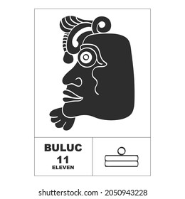 Icono vector con números mayas. Glifo de cabeza maya Buluc y símbolo maya número once