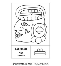 Icono vector con números mayas. Glifo de cabeza maya Lahca y símbolo maya número doce