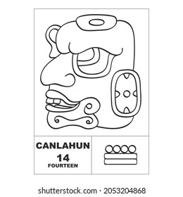 Vektorsymbol mit Maya-Zahlen. Maya-Kopfglyph Canlahun und Maya-Symbolnummer vierzehn