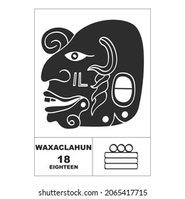 Vector icon with Mayan numerals. Mayan head glyph Waxaclahun and maya symbol number eighteen